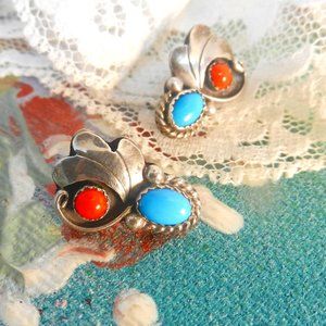 VTG Sterling silver pierced earrings Navajo turquoise coral floral burst RB